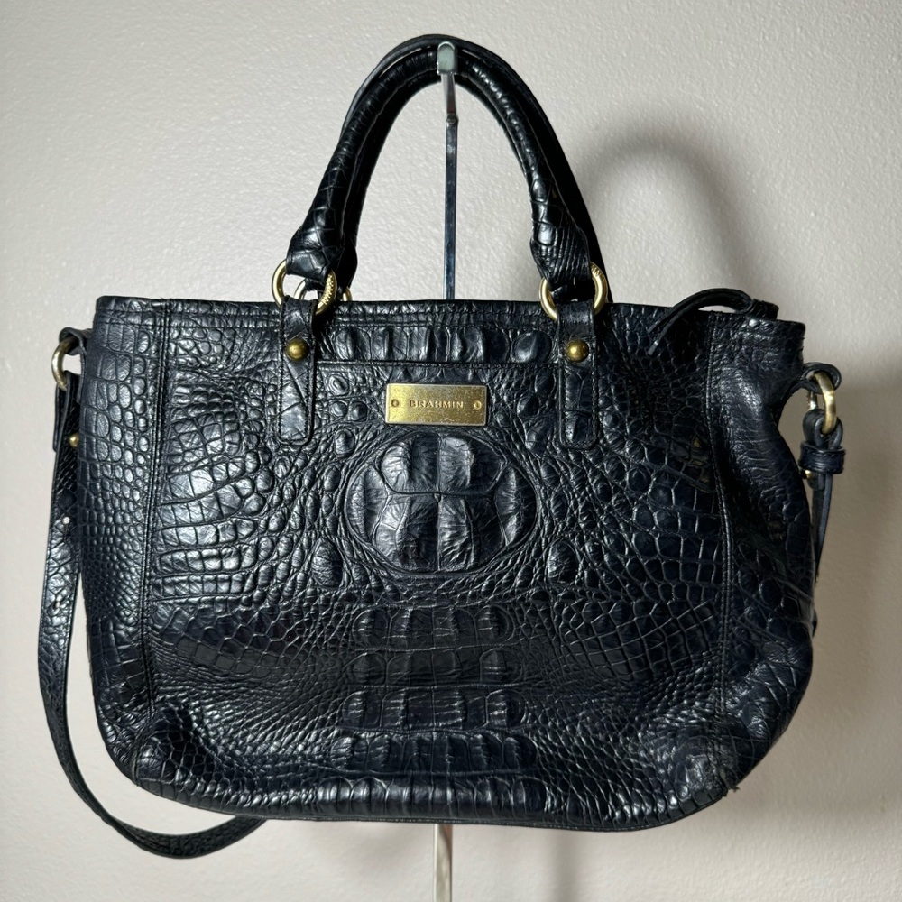 Brahmin Black Croc-Embossed Satchel with Gold Accents
